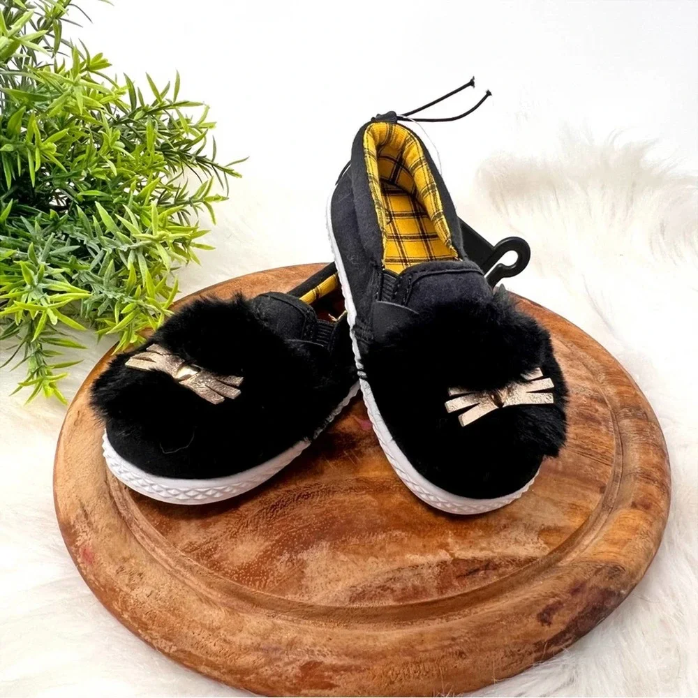 Baby Girl Wonder Nation Black Furry Slip On Kitty Cat Shoes Size 6